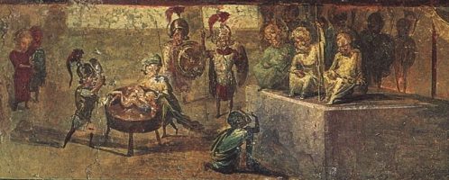 Fresk z Domu Lekarza w Pompejach ukazujący trzech żołnierzy rzymskich: dwóch w białych tunikach, a jednego w czerwonej tunice