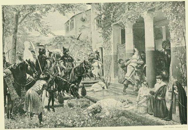 Plądrowana rzymska willa w Galii przez oddziały Attyli