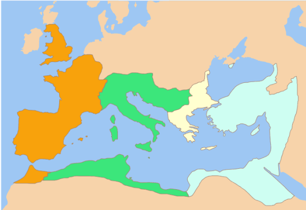 The division of the Roman Empire after the death of Constantine I in May 337 CE: Constantine II (orange), Constans (green), Dalmatian (beige) and Constantius II (blue).