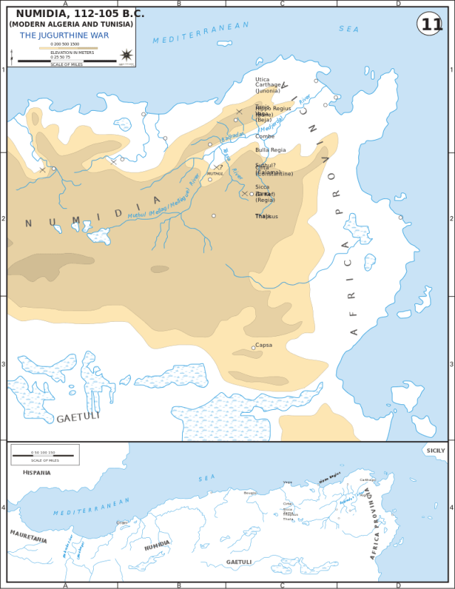 Numidia between 112 and 105 BCE and the main battles of the war