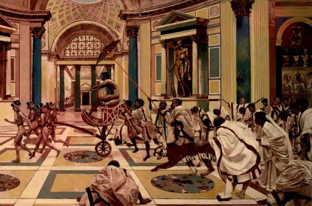 Heliogabal jeżdżący na jedno-kołowym rydwanie po pałacu