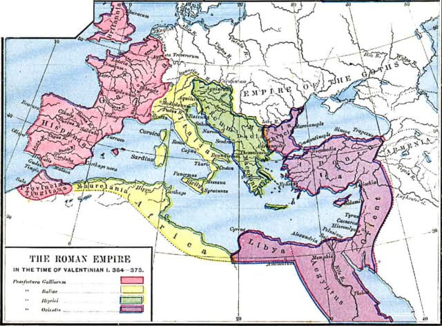 Map showing the range of the Roman Empire during the reign of Emperor Valentinian I
