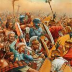 Ilustracja ukazująca Hannibala walczącego w pierwszej linii w bitwie pod Kannami