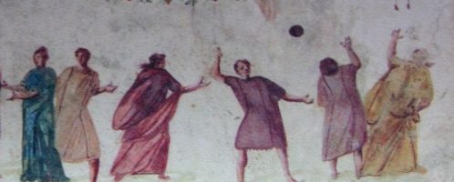 Fresk ukazujący antycznych Rzymian grających w piłkę