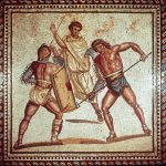 Roman mosaic showing fight of gladiators