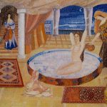 The contemporary mosaic shows Cleopatra taking a bath in donkey's milk