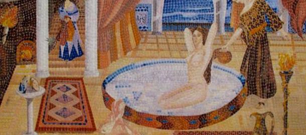 The contemporary mosaic shows Cleopatra taking a bath in donkey's milk