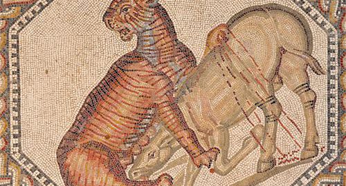 Roman mosaic showing a tigress and a donkey