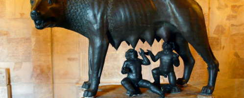 Famous sculpture of the she-wolf feeding Romulus and Remus