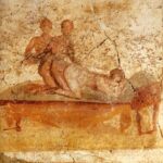 Pompeian fresco showing two men having sex with a woman