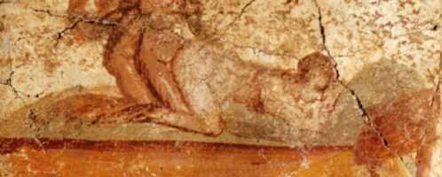 Pompeian fresco showing two men having sex with a woman