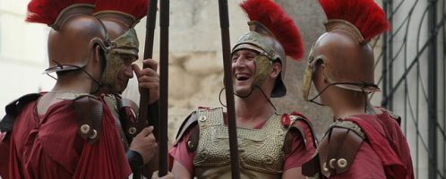 Laughing Roman legonists in Rome