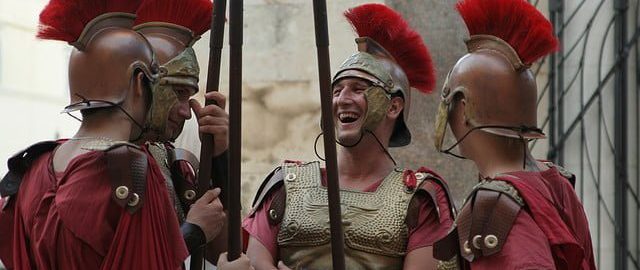Laughing Roman legonists in Rome
