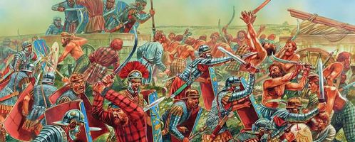 Scene showing the attack of Roman legionnaires on the carts of Dacian allies during the First Dacian War