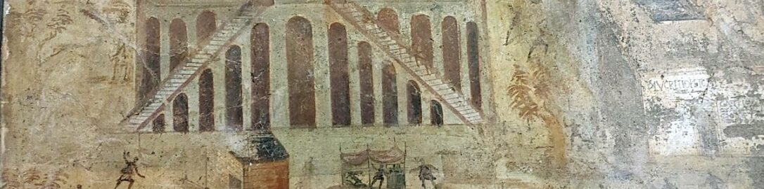 Fresk z Pompejów. Widać na nim bójki na arenie i poza nią, podpalenia, niszczenie mienia i straganów.