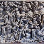 Bas-relief on the sarcophagus showing the clash between Romans and Goths.  Dated to the 3rd century CE