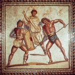 A mosaic showing gladiators