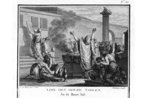 A print by Augustyn Mirys showing the announcement of the Law of the Twelve Tables