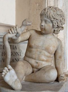 Hercules as a child chokes the snake that was sent to kill him in the cradle