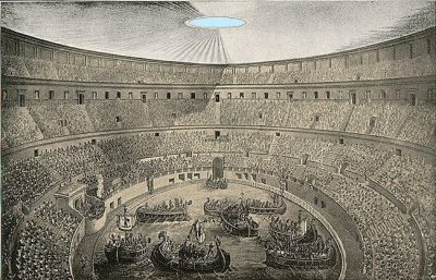 An engraving showing the staging of a naval battle in an amphitheater