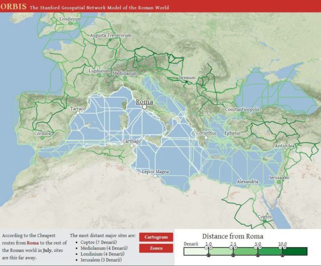 Map of travel costs during the Roman Empire