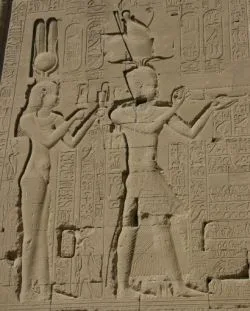 Relief on the wall of the temple in Dendera, Egypt