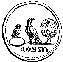 Birds dedicated to Roman deities: Minerva (owl), Jupiter (eagle), Juno (peacock) on a gold medallion of Antoninus Pius