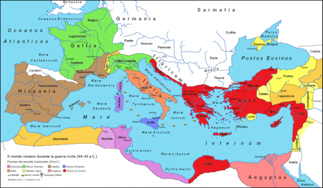 Territories of the Roman Republic owned by triumvirs and their opponents in 43 BCE