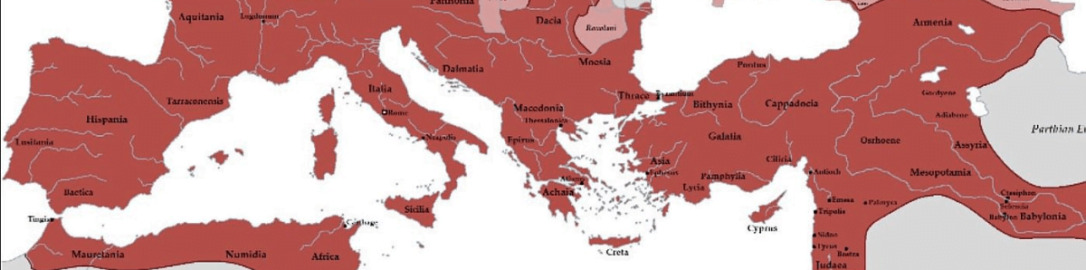 Imperium Rzymskie w roku 117 n.e. Pod koniec panowania Trajana, Rzym osiągnął swój szczytowy zasięg terytorialny.