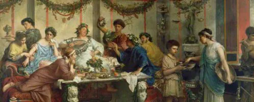 A painting by Roberto Bompiani showing a Roman feast