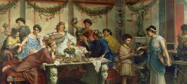 A painting by Roberto Bompiani showing a Roman feast