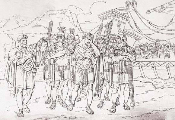 Theodatus, orator, pokazuje Cezarowi głowę zamordowanego Pompejusza