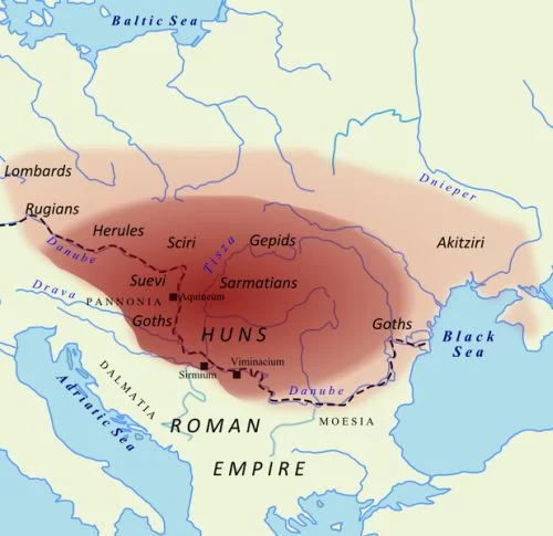 Presumed extent of Attila-controlled territory around 450 CE