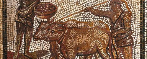 Mosaic showing a Roman farmer, cattle and plow