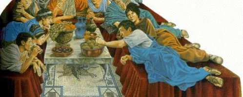 A picture showing the Romans having a meal
