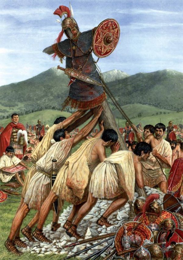 Augustus' soldiers build the tropaeum after a victorious battle with the Iberian Cantabras tribe around 25 BC