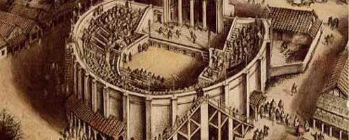 Visualization of the Roman theater in Verulamium (today's city of St Albans, England) from around 180 CE, by Alan Sorrell