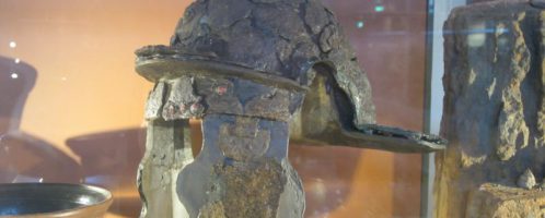 Helmet of a legionary destroyed as a result of a fire, most likely during the capture and complete destruction of the city during the Boudica revolt,