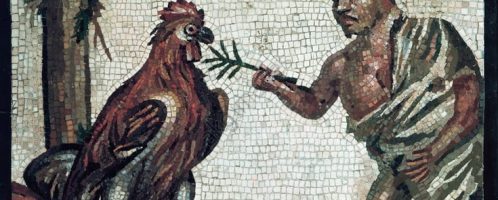 Dwarf and rooster on Roman mosaic