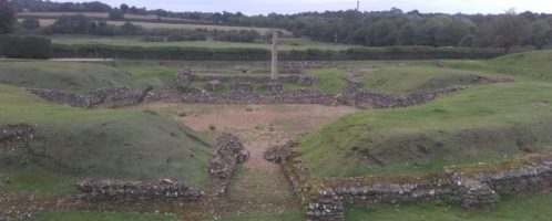 Ruins of the theatre in Verulamium in 2016 (the visible column is a modern replica)