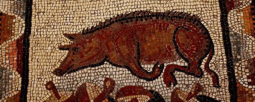 Pig with porcini on a Roman mosaic. It is located in the Vatican Museums in Rome