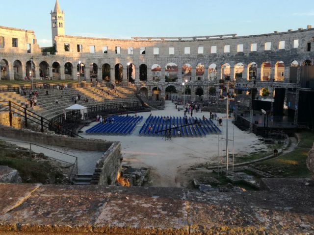 The center of the amphitheater in Pula along with the prepared stage for the event