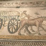 Roman mosaic from Orbe showing a four-wheeled wagon.