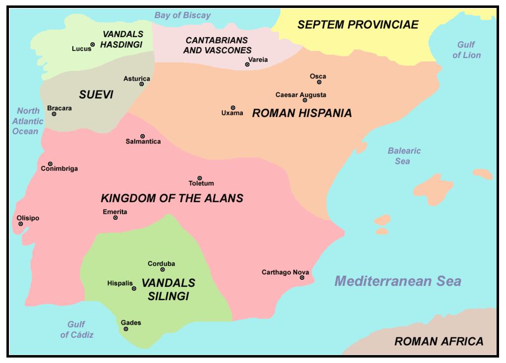 Podział Półwyspu Iberyjskiego pomiędzy Wandalów (Hasdingów i Silingów), Swebów i Alanów po inwazji na ten Półwysep z 409 r. n.e.
