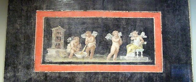 Fragment rzymskiego malarstwa ściennego z Psyche i amorkami tworzącymi perfumy (być może, jest to napój miłosny)