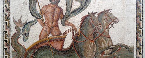 Mosaic of Neptune on his sea chariot - located in the Archaeological  Museum of Sousse