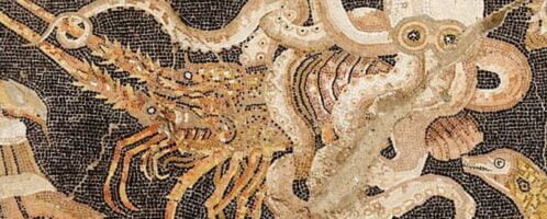 Roman mosaic showing the fight between octopus and cancer