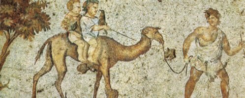 A mosaic showing children riding a camel