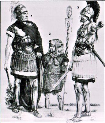Roman officers. 1-tribune, 2-standard-bearer, 3-legate
