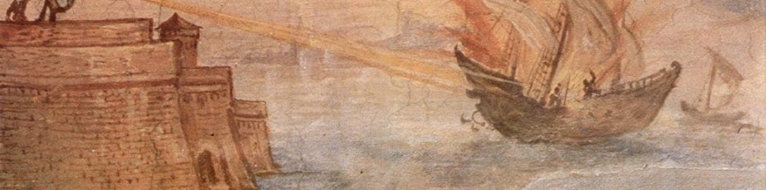 Obraz ukazując wizję działania luster Archimedesa w walce z Rzymianami. Obraz Giulio Parigi.